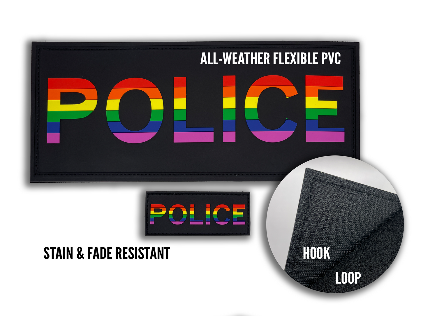 1 PACK - Pride Police VELCRO® PVC All-Weather Rainbow Patch Set 9.8" wide by 3.9" tall