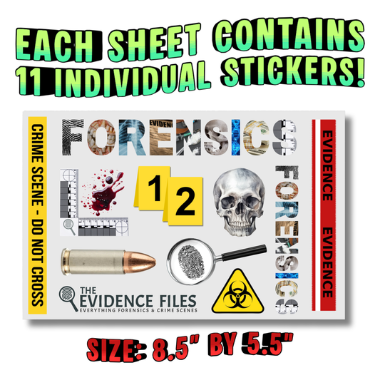 Forensic-Themed Sticker Sheet — 11 Premium Stickers Per Sheet!